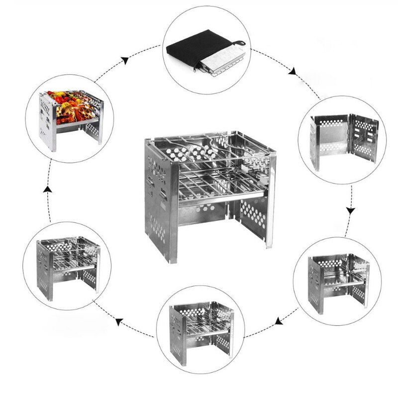 Rostfritt stål vedeldad campinggrill picknick bbq spis bärbar hopfällbar backpacking spis grill för utomhusbruk