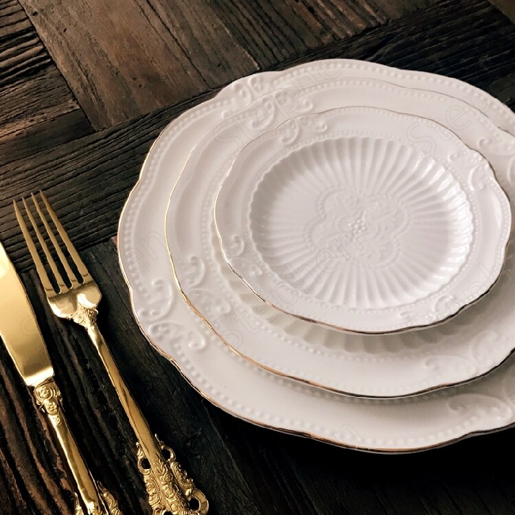 Golden Stroke Dessert Plate Nordic Modern Relief Craft Steak Pasta Dinner Plates Ceramic Carving Cake Fruit Dishes Tableware