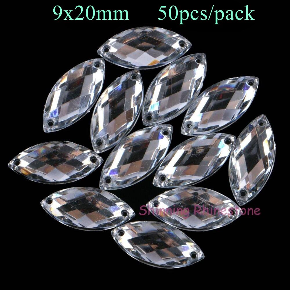 Paard Eye/Blad Acryl Steentjes Strass Flat Terug Naaien Diamant Naaien-Op Strass Kralen 2 Gaten Clear/Zwart: Clear 9x20mm 50pcs