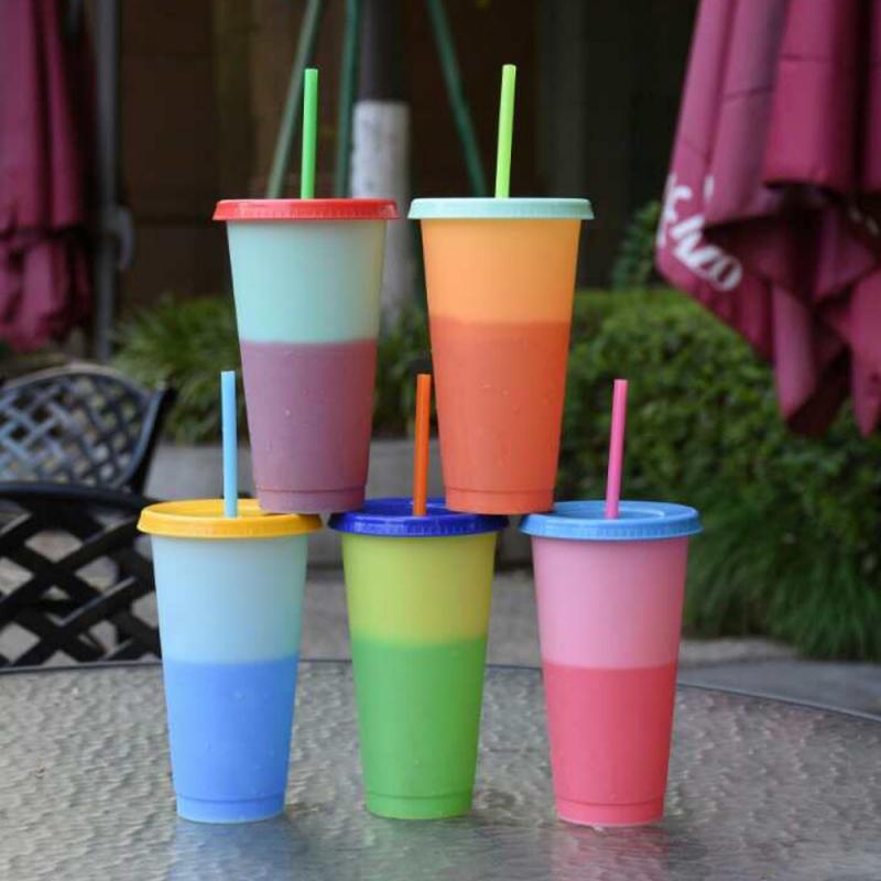 1/5Pcs 710Ml Herbruikbare Kleur Veranderende Koude Kopjes Magic Plastic Koffie Mokken Water Flessen Set Met Deksel en Stro