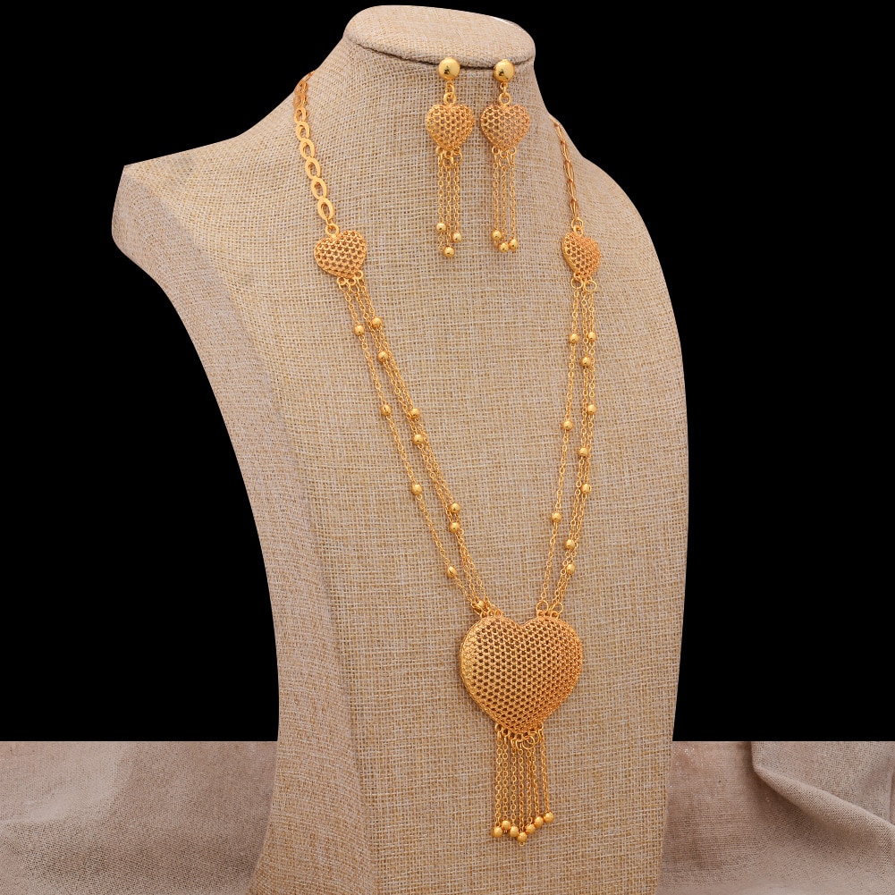 24K Dubai Goud Kleur Hart Sieraden Sets voor vrouwen Ketting oorbellen Ring bruids Afrikaanse bruiloft ornament vrouw Sieraden set