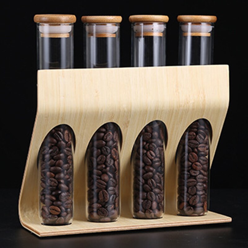 Présentoir en bois pour café, grains, thé, support, Tube à essai en verre, rangement scellé, ornements décoratifs, boîte de céréales pour Barista