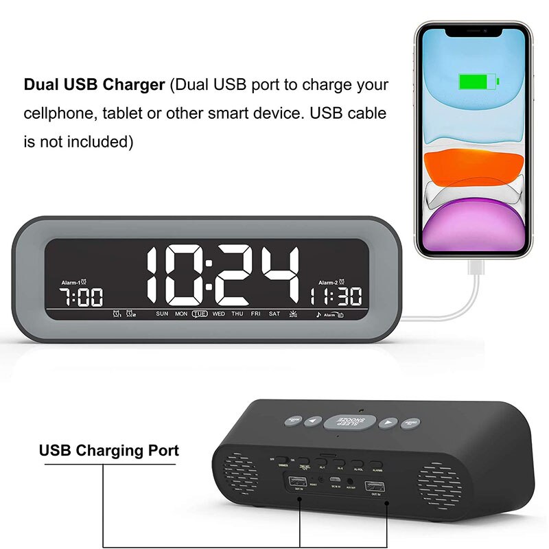 Alarm Clock Radio with Auto Dimming FM Radio 2 USB Charging Ports,Dual Alarm, Snooze, Date-Display for Bedroom