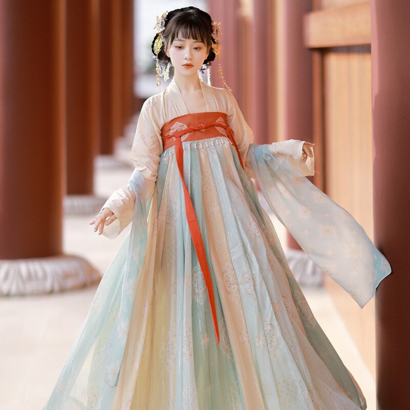 Chinese Traditionele Hanfu Kostuum Vrouw Oude Oosterse Prinses Jurk Tang-dynastie Dance Wear Patchwork Chiffon Fee Kostuum