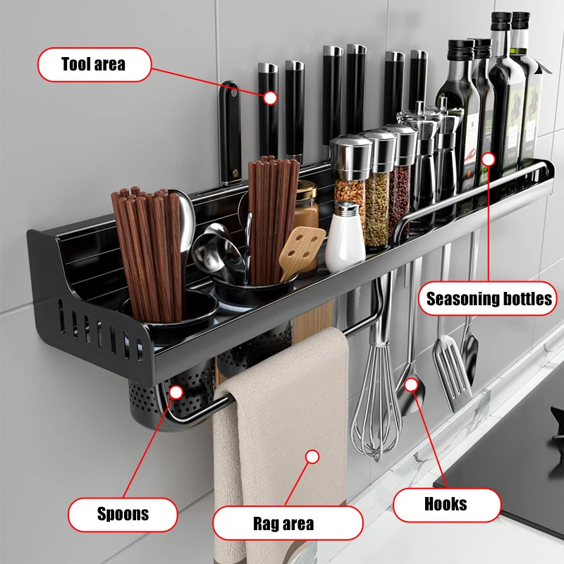 Estante de almacenamiento de cocina, estante de especias montado en la pared, de aluminio, sin perforaciones, cuchara, cuchillo, organizador de cocina multifunción