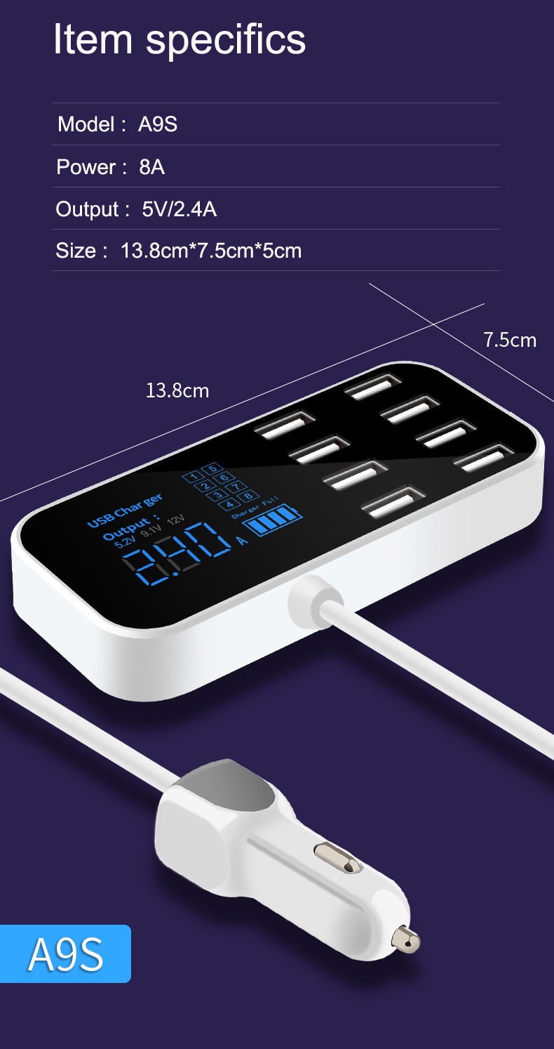 Schnell Auto Ladegerät 8 Port Multi USB LCD Display Carregador Auto Schnell Ladung Für iPhone 6 7 8 X XR XS 11 Por MAX Samsung Mate30 Por