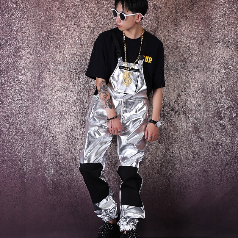 Men Hip Hop Punk Streetwear Silver Leather Overalls Jumpsuit Pant Male Women Casual Bib Pant Harem Trouser Stage Costume