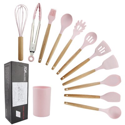 11 st silikon köksredskap set, rosa massivt trä handtag med förvaringslåda, köksutrustning kit köksredskap tillbehör: 11pc rosa