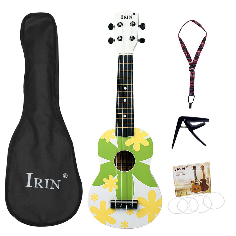 Irin 21 Inch Ukulele Mooie Bloem Patroon Basswood Ukelele 4 Snaren Instrument Met Zak Riem String Capo: Green