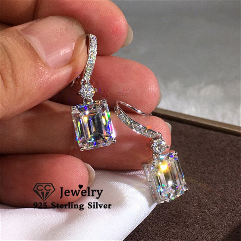 Earrings For Women Solid S925 Silver Cube Cubic Zirconia Ear Hook Bridal Wedding Jewelry CCE720