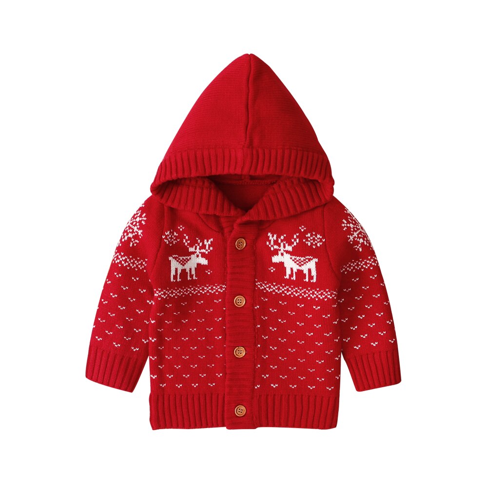 Newborn Infant Baby Girls Long Sleeve Elk Coat Jacket Christmas Knitted Outerwear Clothes Autumn Winter Warm Hooded Cardigan: Red / Newborn