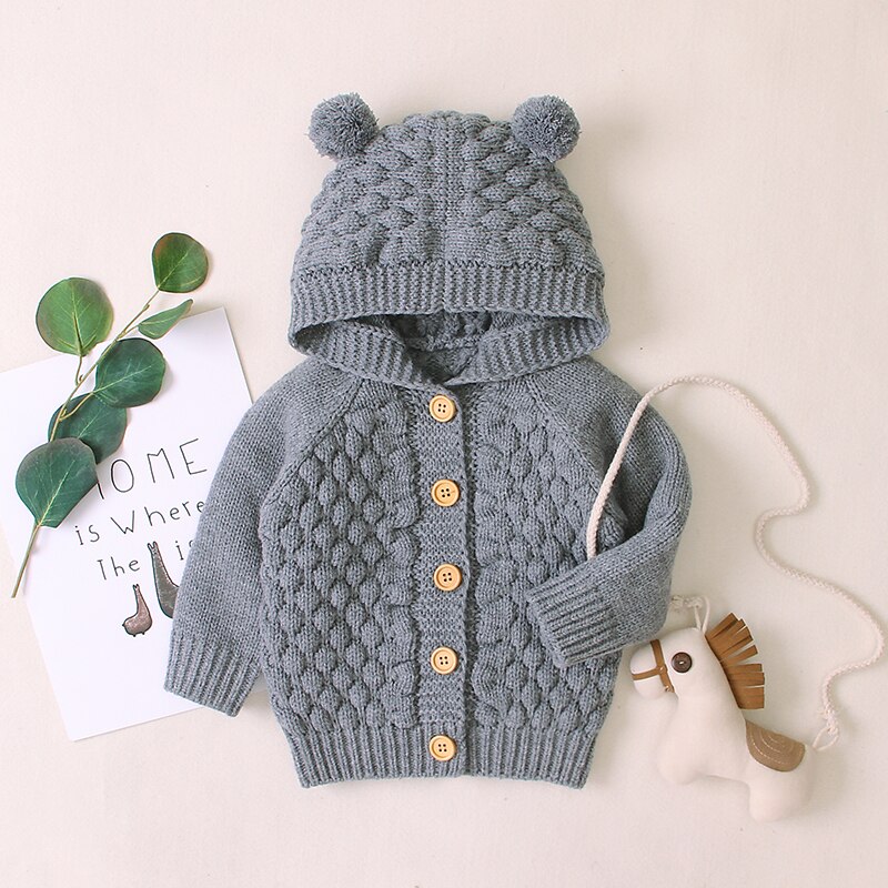 Patpat Lente En Herfst Baby Jongen Meisje Schattige Pompon Herten Effen Gebreide Jas Peuter Jassen Kleding: Grijs / 18-24 Months