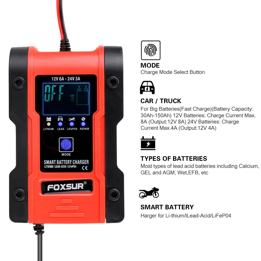 12V-24V 6A For Car Motorcycle Lead Acid Battery Agm Gel Intelligent Car Battery Charger Pulse Charge Maintainer & Desulfator