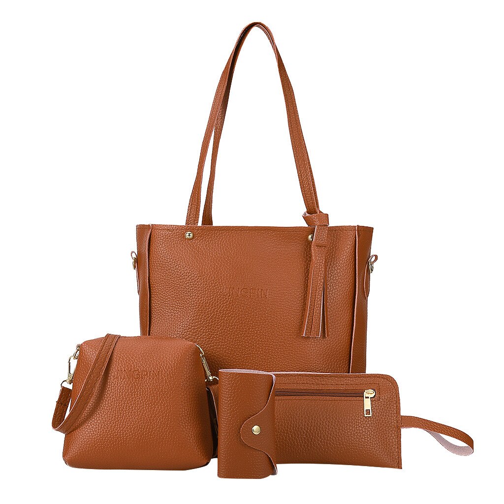 4pcs Set Woman Bag Handbags Four-Piece Shoulder Bags Leather Messenger Bag Vintage Wallet Card Package Purse Flap: Brown 