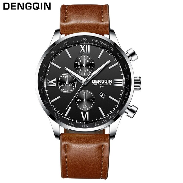 DENGQIN Quarzuhr Männer Edelstahl S Uhren oben Luxus Männlichen Uhr Geschäft Herren Armbanduhr Relogio Masculino: Leder Braun Schwarz