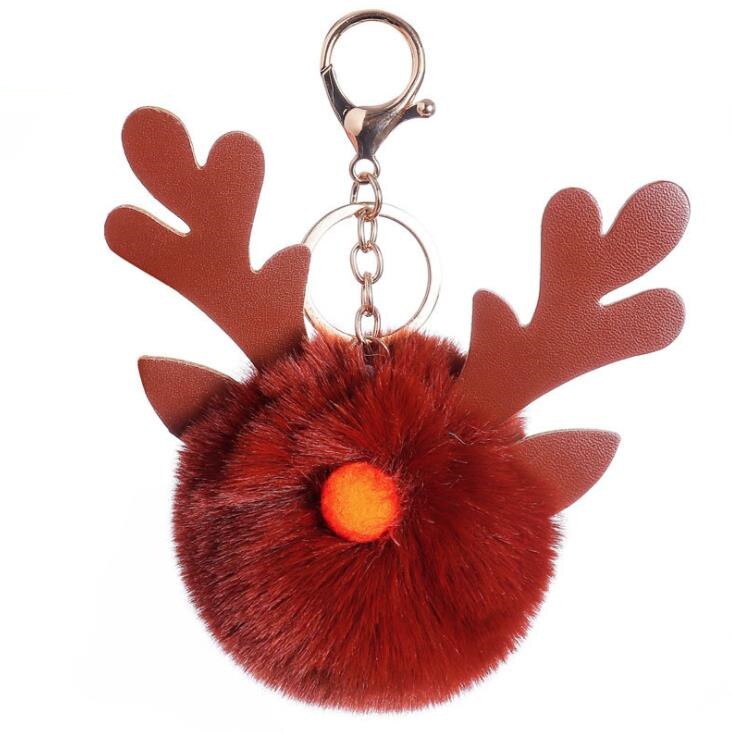 Noël flou Caribou corne cheveux boule porte-clés dessin animé Elk jouet pour femmes fille fausse fourrure boule sac à main porte-clés: coffee