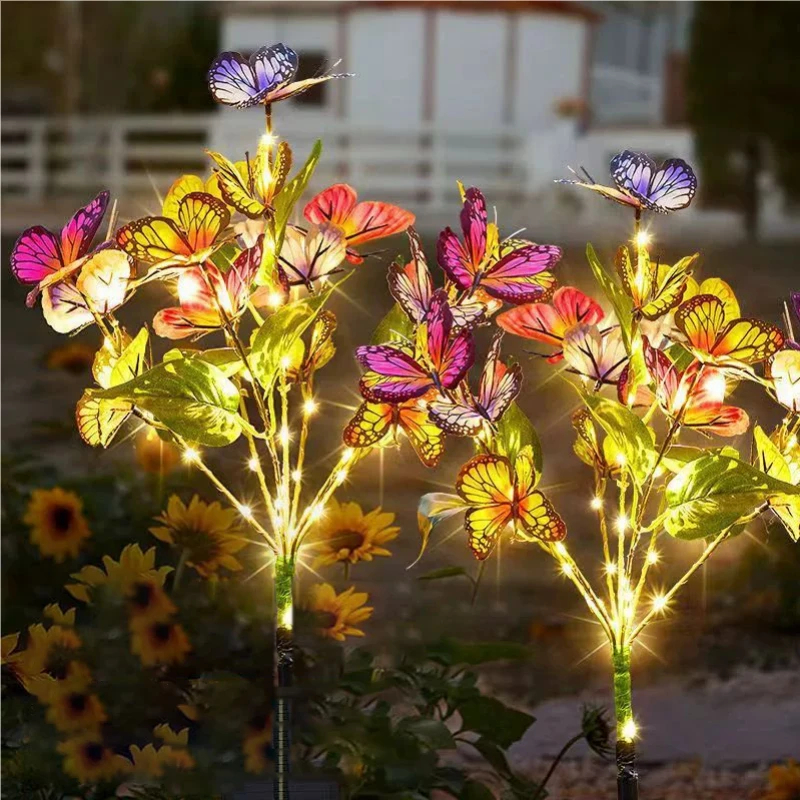 Lámpara LED Solar para césped para exteriores, luces artificiales de mariposa y girasol para jardín, decoración de ambiente para de boda y acampada