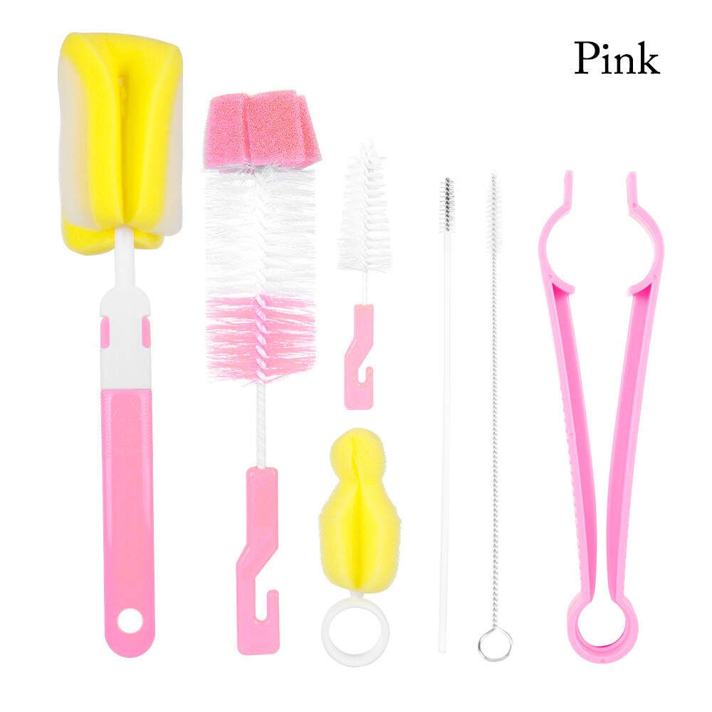 7pcs/set Baby Bottle Brush Toddler Kids Nipple 360-degree Rotating Clean Sponge Spout Cup Feeding Bottle Brush Washing Head Tool: pink