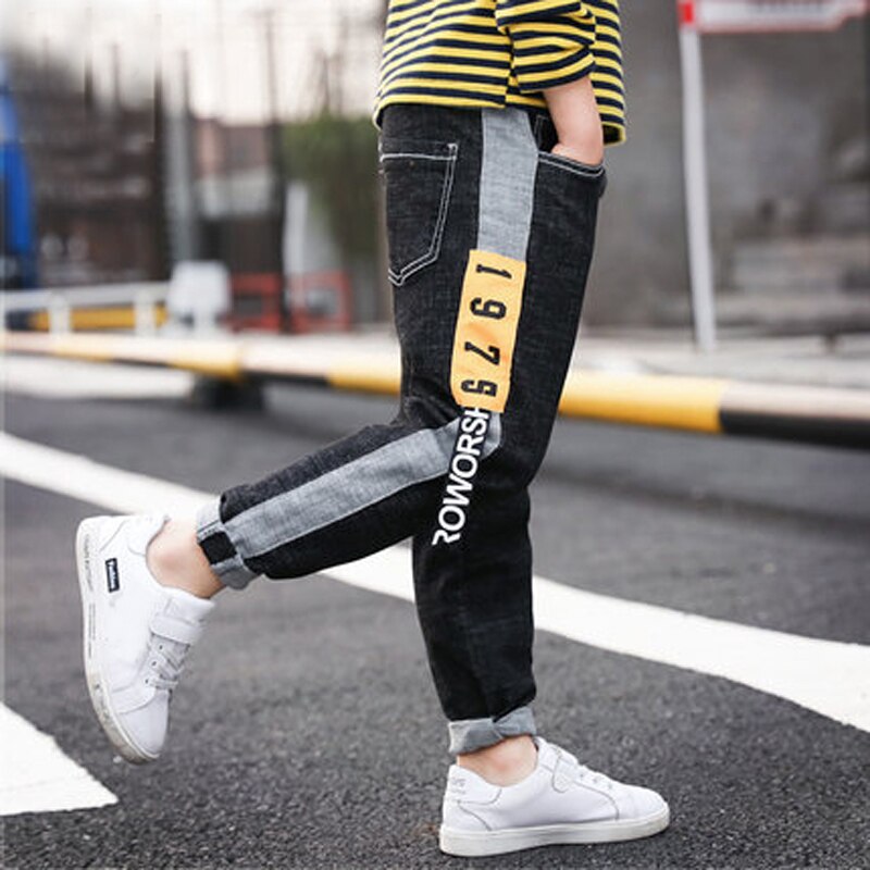 Ienens boy stretch jeans vår höst jeans för barn fritidsbyxor elastiska midja byxor blå färg barnkläder 5-13y