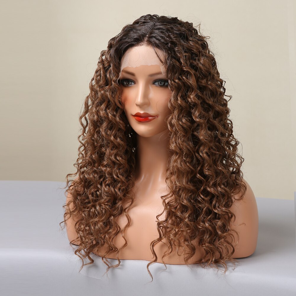 LOUIS FERRE – perruque Lace Front Wig synthétique brun ombré 13*1 T, perruque mi-longue, Deep Curly, résistante à la chaleur pour femmes claires