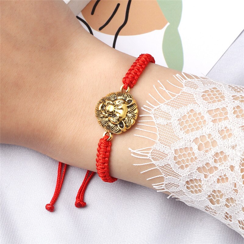 Vintage Leeuwenkop Bedelarmband Handgemaakte Geweven Rood Zwart Knopen Touw Verstelbare Armbanden En Armbanden Voor Vrouwen Mannen Paar Sieraden