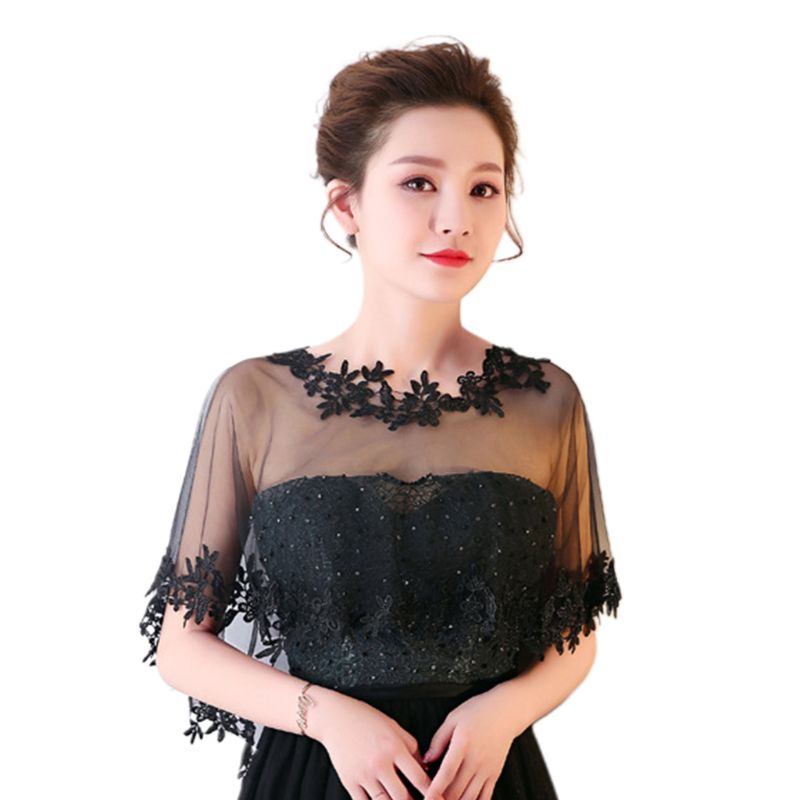 Femmes simple couche pure haut bas mariage châle enveloppement dentelle florale Applique épissage garniture mariée soirée Cape haussement d'épaules Capelet boléro: Black