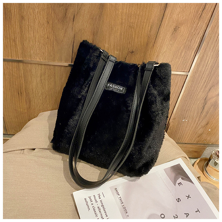Vinter plys mini taske leopard print label skulder bøtte tasker til kvinder hasp større kapacitet fløjl shopper underarm taske: Sort