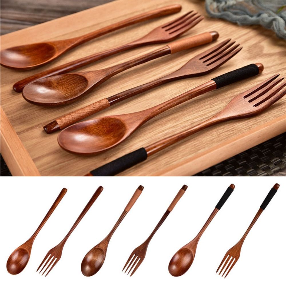 Cuchara de madera Natural, tenedor, Kit de cena, utensilio para sopa de arroz, cereales, utensilios de cocina caseros hechos a mano, vajilla, cubiertos para Cocina