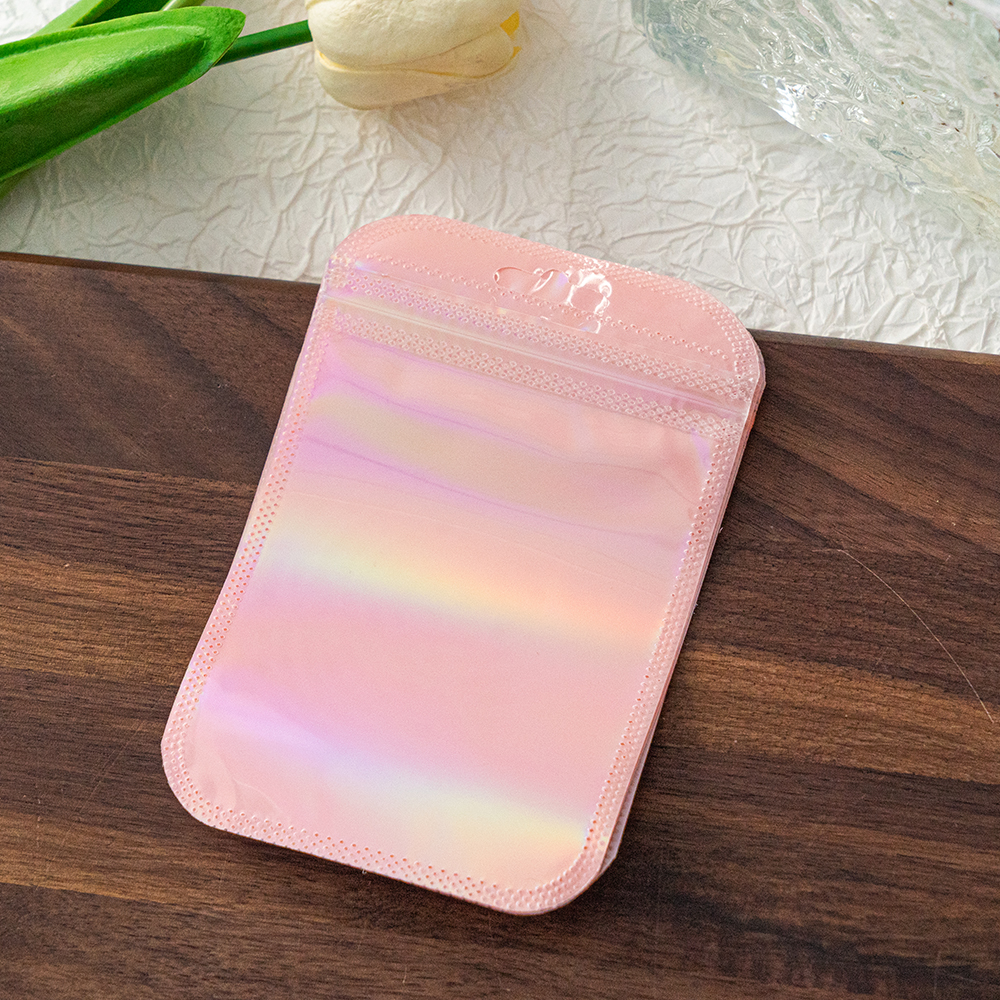 50 Uds. Bolsas holográficas largas de color rosa, bonita bolsa Ziplock para collar, joyería, delineador de ojos, bolígrafos, almacenamiento de embalaje de exhibición para pequeñas empresas