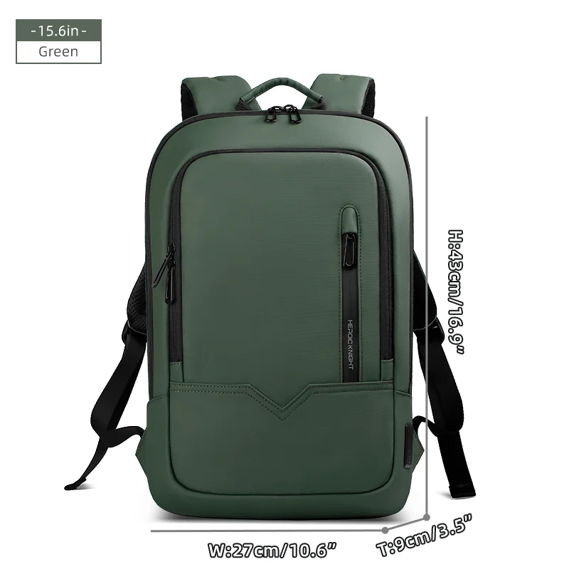 Mochila delgada HK para hombre, bolso para ordenador portátil de 15,6 pulgadas, bolso escolar impermeable con carga USB, mochila de viaje ligera, paquete de trabajo universitario: Verde