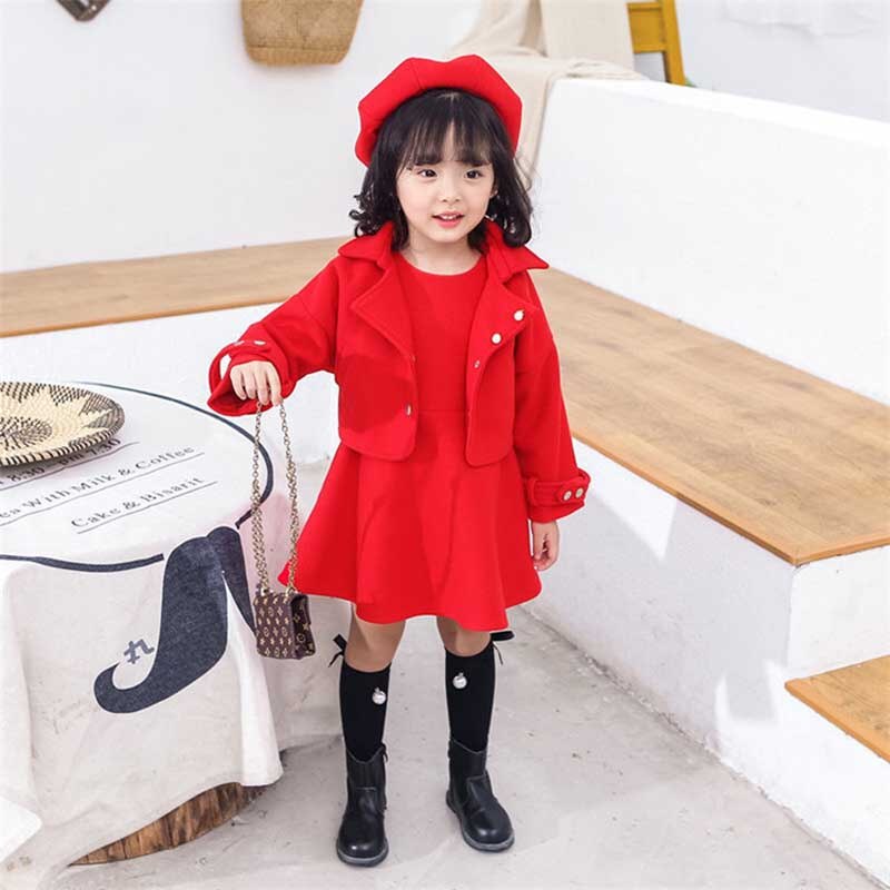 Herfst winterpakken kinderen laag vest jurk wollen jas rood driedelig lange mouw effen kleur zachte sets voor meisjes 2 - 7 jaar