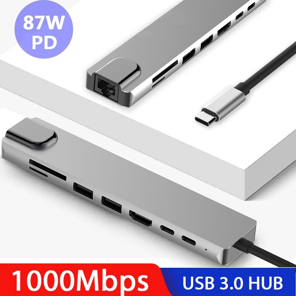 Usb hub typ c till hdmi 4k usb 3.0 thunderbolt 3 dockningsadapter pd laddningskort 8 in 1 hub för macbook pro splitter port typ c hub