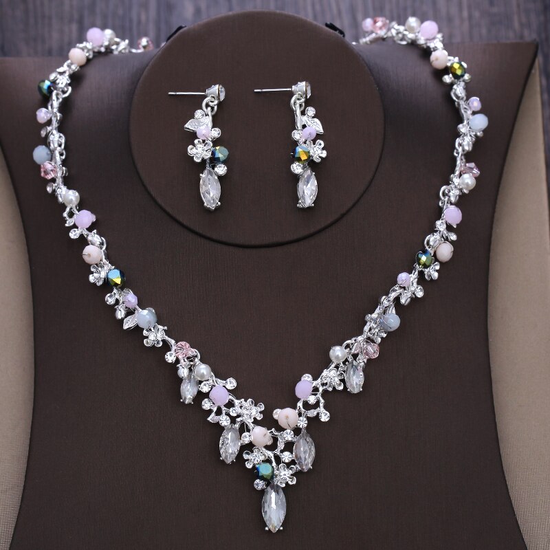 Baroque luxe argent plaqué cristal fleurs ensembles de bijoux de mariée strass couronne collier boucles d'oreilles ensemble accessoires de cheveux de mariage