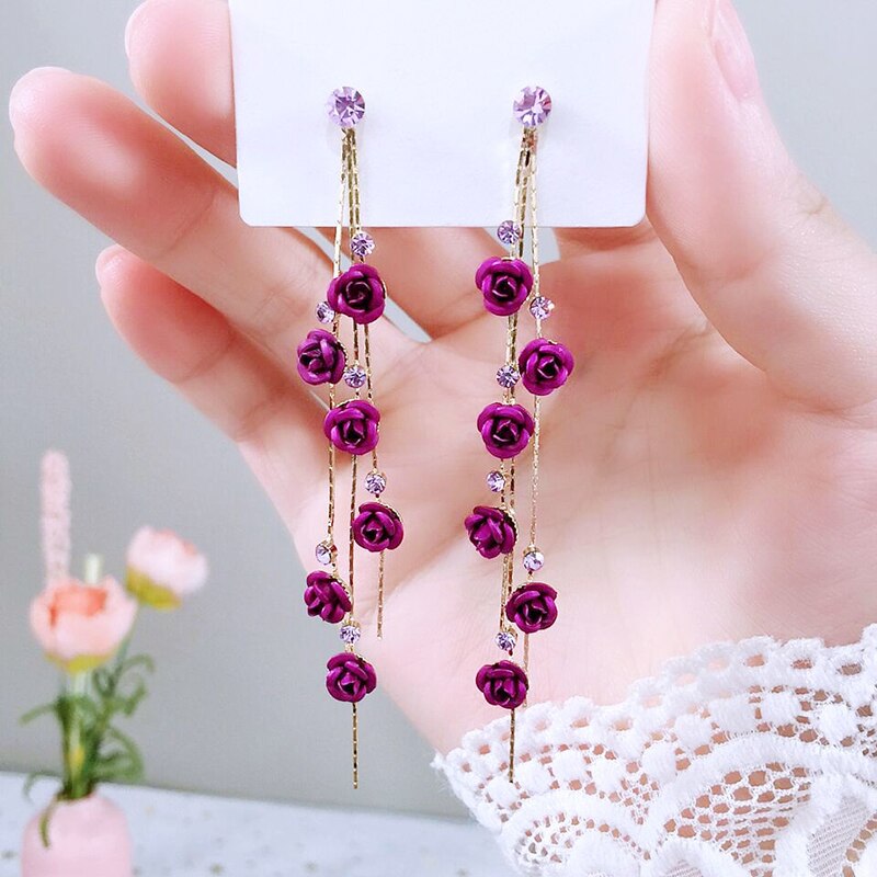 Pendientes de gotas de rosa roja para mujer, aretes largos con borlas colgantes, joyería para y boda, ENDQ: Morado