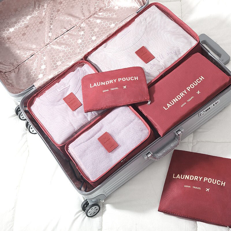 Nylon Packing Cubes Travel Bag System Durable 6 Pieces/ Set Large Capacity Of Unisex Clothing Sorting Organize Travel Bags: Red wine