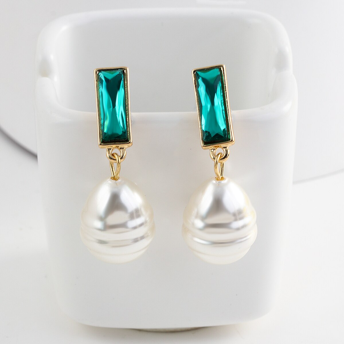ANEOSA-pendientes colgantes de perlas para mujer, aretes geométricos verdes con diamantes de imitación, hechos a mano, colgantes de perlas de agua dulce: Default Title