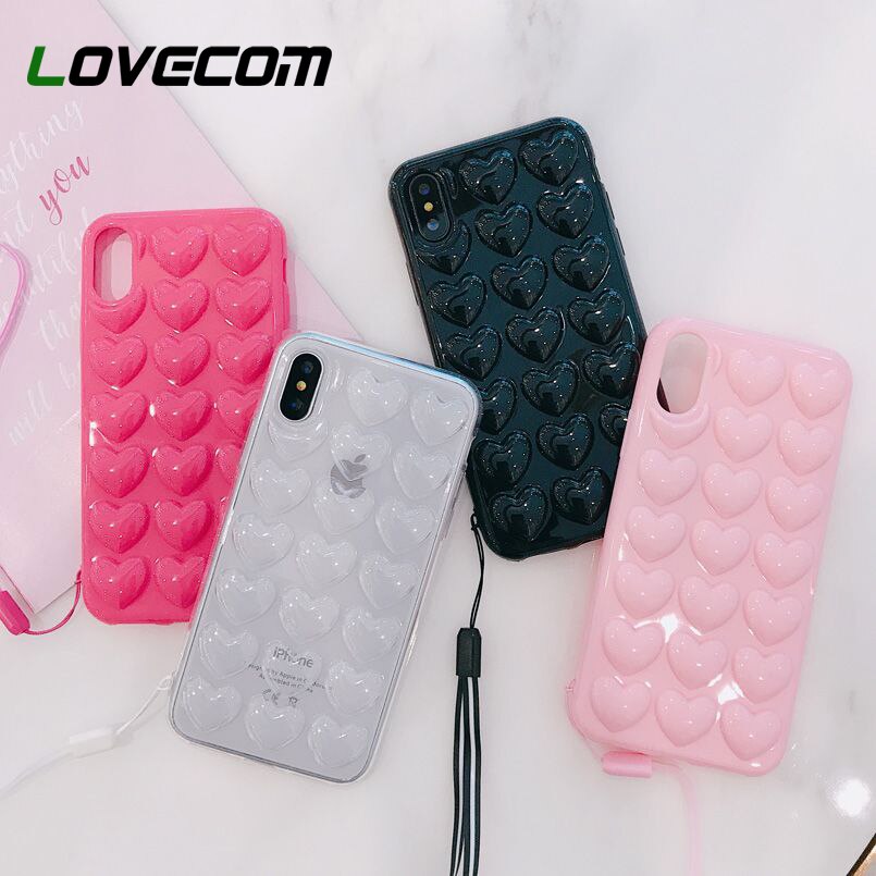 Lovecom 3D Hart Telefoon Case Voor Iphone 11 Pro Max Xr Xs Max 7 8 6 Plus Case Soft tpu Candy Kleur Telefoon Cover Met Lanyard