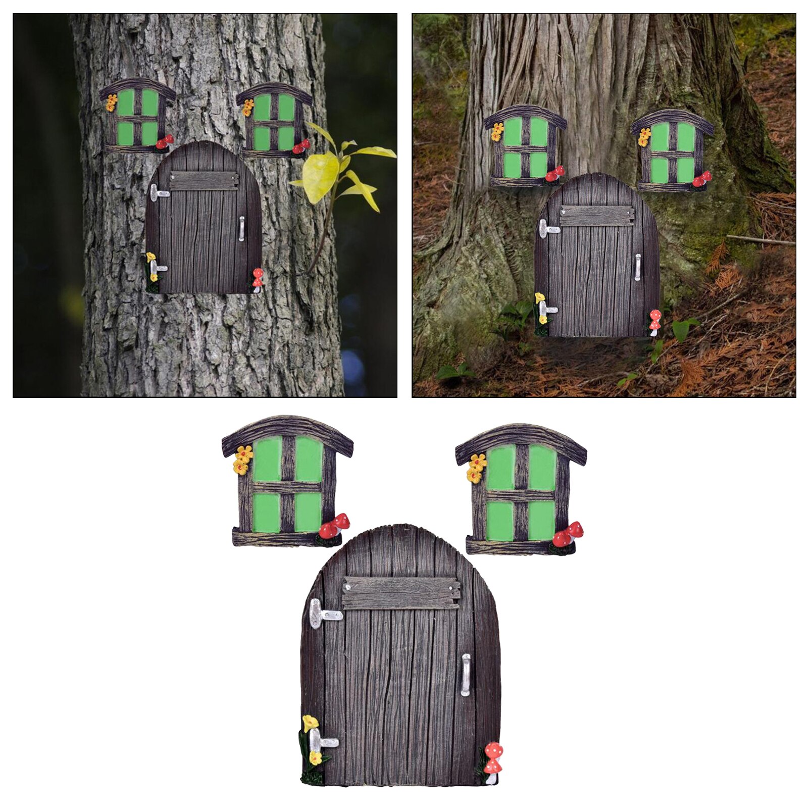 Miniature Fairy Gnome Home Window and Door for Trees, Yard Art Garden Sculpture Decoration