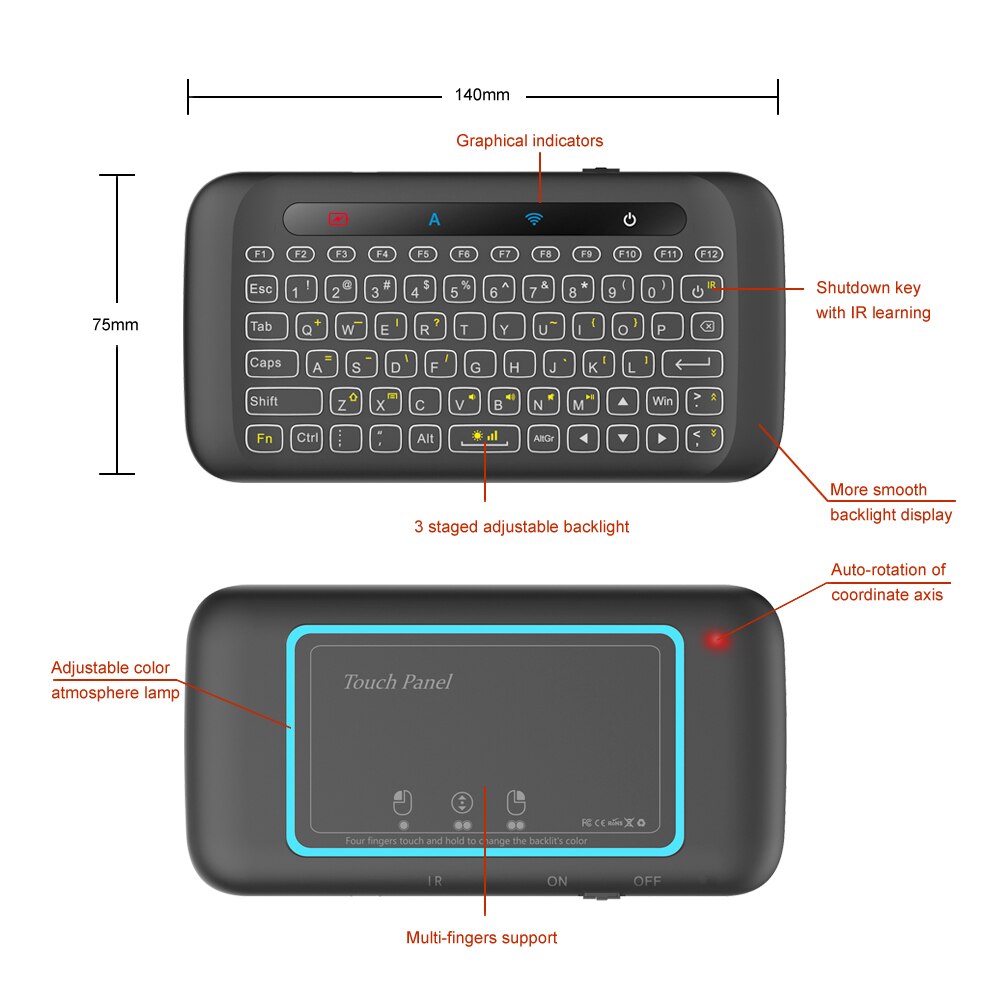 Wechip Backlit H20 Mini Wireless Keyboard 2.4Ghz Engels Air Mouse Ir Leren Met Touchpad Afstandsbediening Android Tv Box pk I8