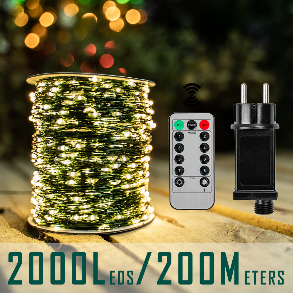 Guirnalda de Luces LED de 10-200m, Impermeable, con Control Remoto, para Decoración de Árboles de Navidad, Exteriores, Jardín, Bodas y Fiestas