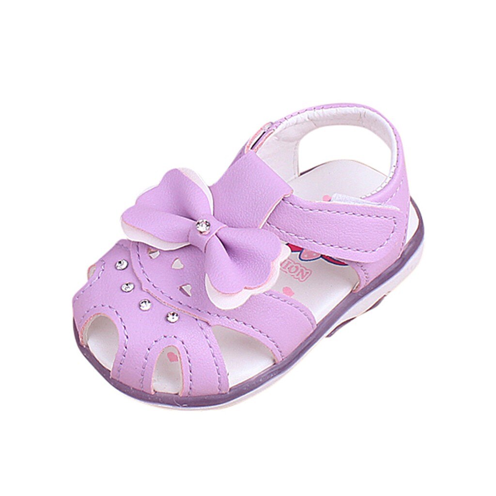 Princess Children's Sandal Girls Solid Color Tile Sun Bow Knot Lighting Beach Sandals Girls Shoes Cute Soft Shoes Sandal Shallow: Purple / 6-9Months