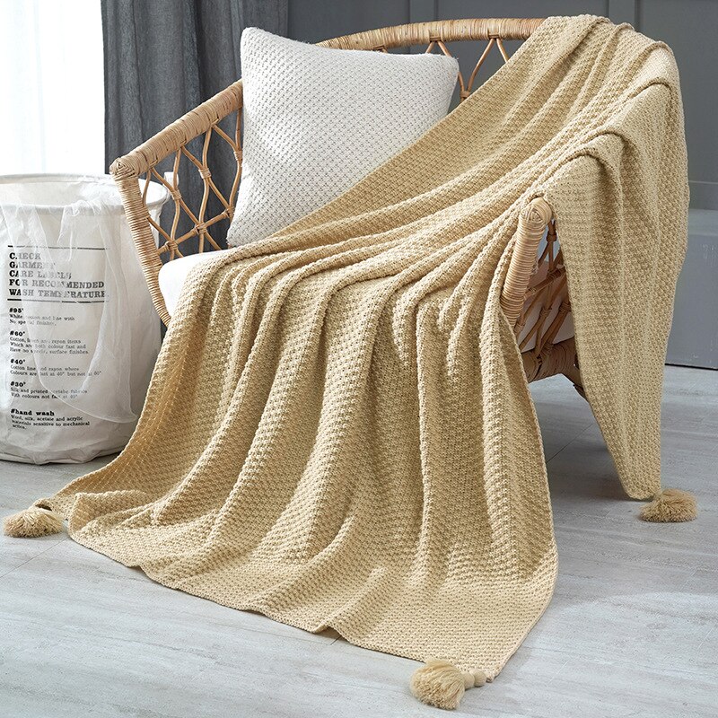 Nordic Thread Blanket with Tassel Solid Beige Grey Throw Blanket for Bed Sofa Home Textile Cape Knitted Wool Blanket: YELLOW / 120x150cm