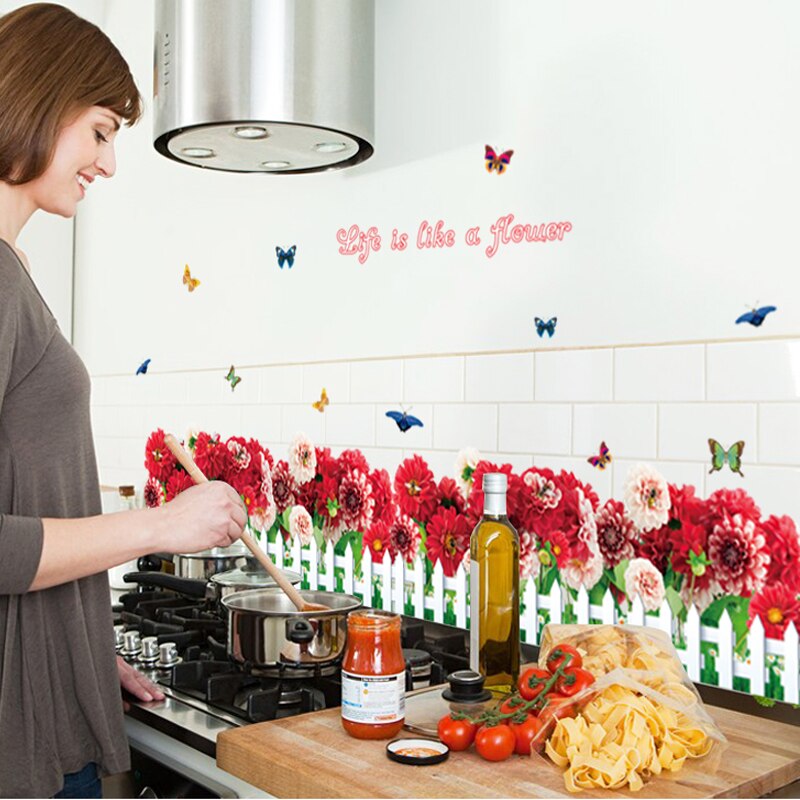 Red Flower Butterfly Kitchen Baseboard Wall Sticker Cabinet Stove Waist Line Border Decoration Poster PVC Corner Art Mural