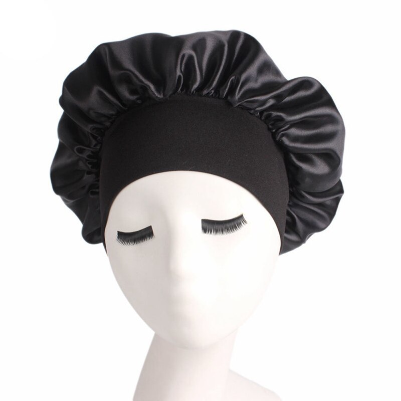 Chapeau de nuit en satin pour homme et femme, charlotte pour dormir, matière solide, unisexe: Black