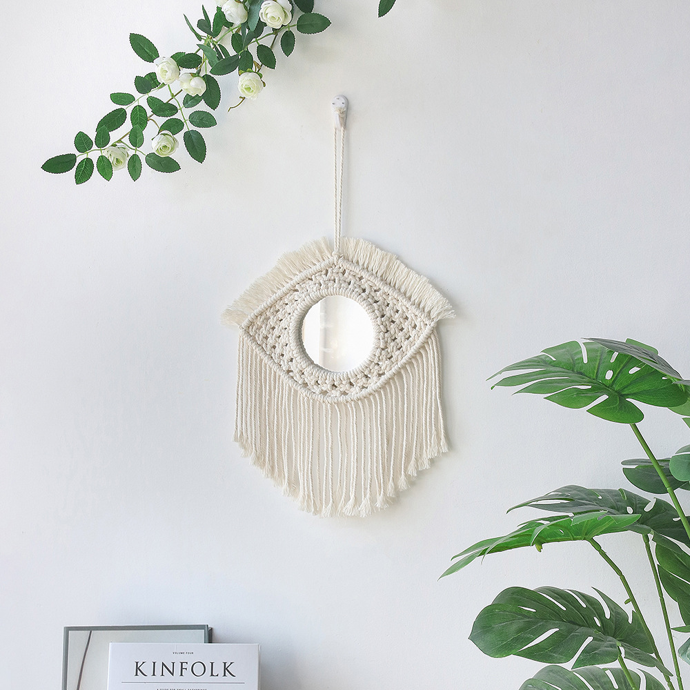 Espejo de pared colgante con flecos de macramé, redondo, bohemio, decoración artística para apartamento, sala de estar, dormitorio de bebé, guardería, entrada