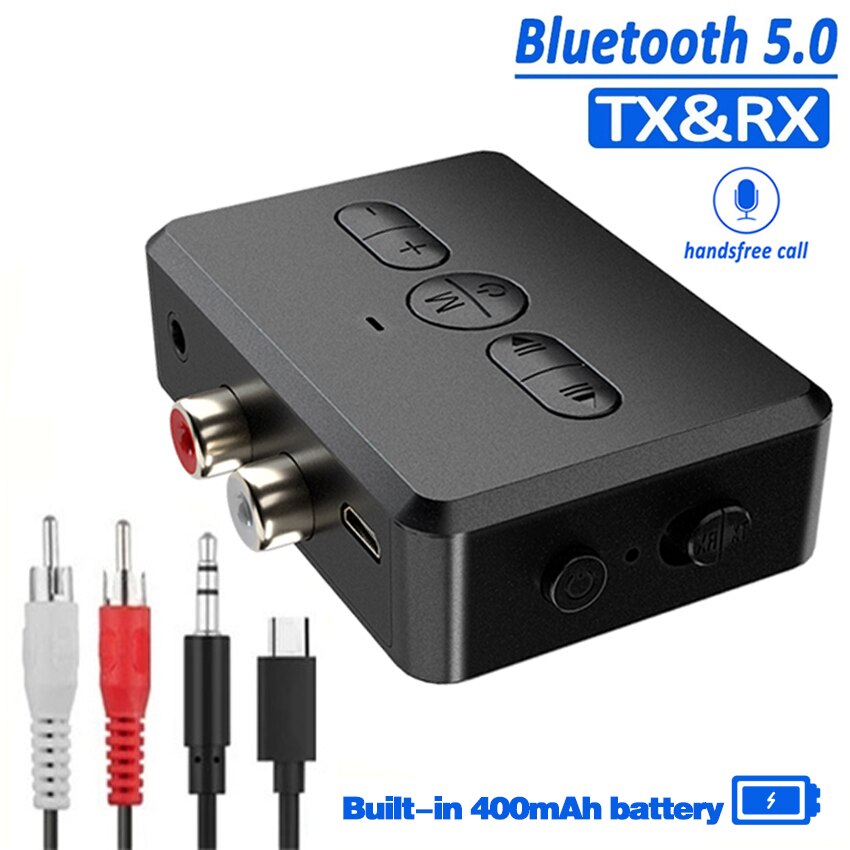 Bluetooth V5.0 Audio Bluetooth Receiver Transmitter 2 in 1 Stereo Dual Channel RCA Port + AUX with 400mAh Large Battery