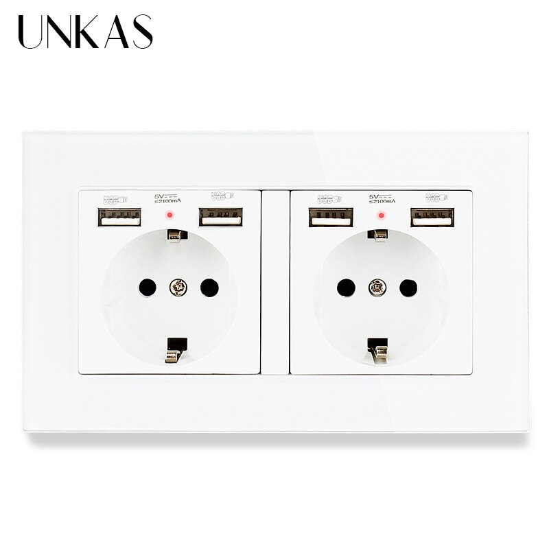 UNKAS Russia Spain EU Standard 16A Wall Socket Dual USB Charge Port Tempered Crystal Glass Panel Black White Grey Outlet