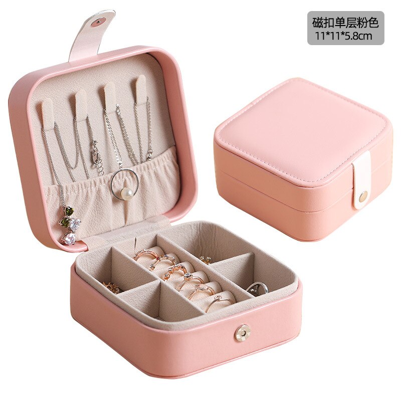 2022 Leather Portable Jewelry Box Double Simple Earrings Ring Jewelry Casket Can Hold 68 Earrings: Pale Pinkish Gray