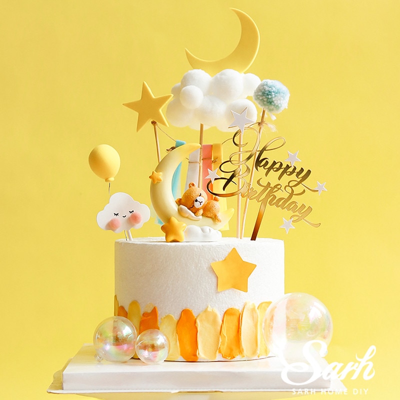 Månen sover björn tårta topper för födelsedagsfest tillbehör hårboll regnbåge baby shower dessert dekoration barn bakning kärlek