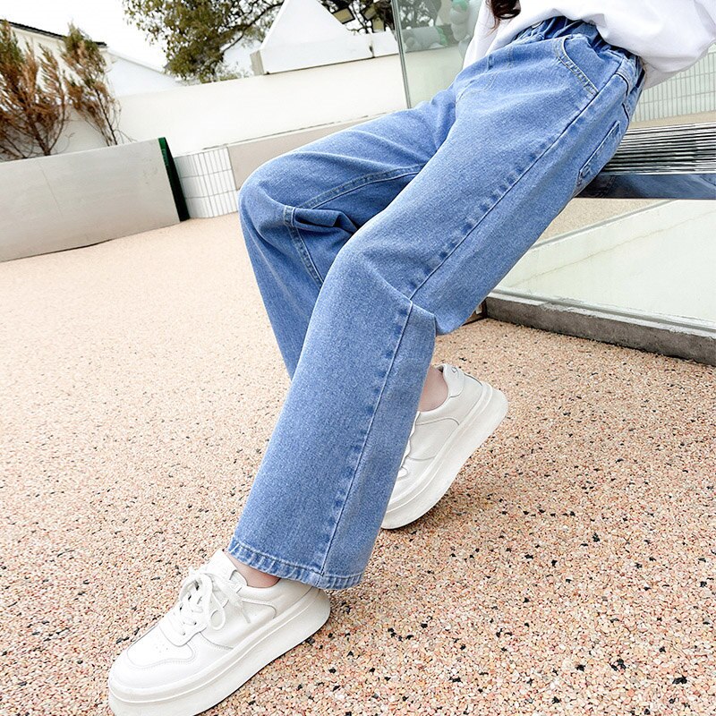 2022 Tiener Meisjes Mid-Taille Jeans Katoen Effen Kleur Koreaanse Lente Herfst Wid Been Broek Kinderkleding School Denim broek 4-14Yrs